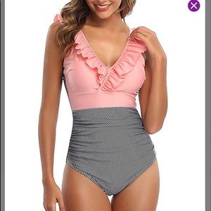 NewPink Stripe Ruffle High Waisted One-piece Swimsuit Swim Wear